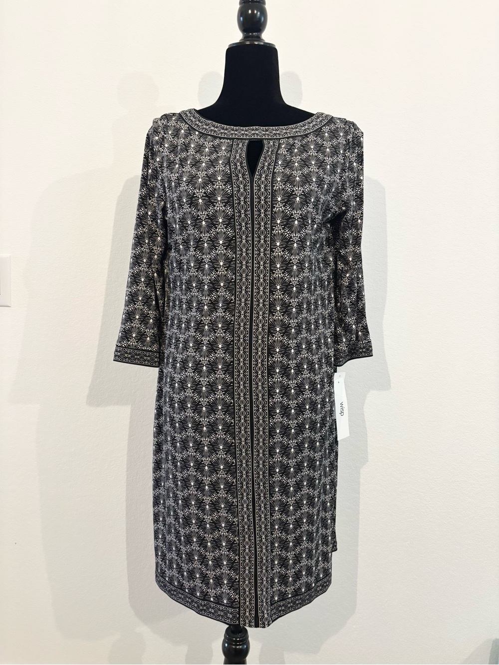 Black & White Printed Long-Sleeve Dress with Keyhole Detail